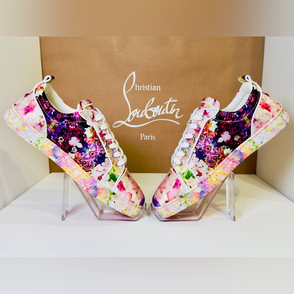 Christian Louboutin Junior Viera Orlato Flat Floral-print Satin Sneakers EU 43.5 - Picture 2 of 15